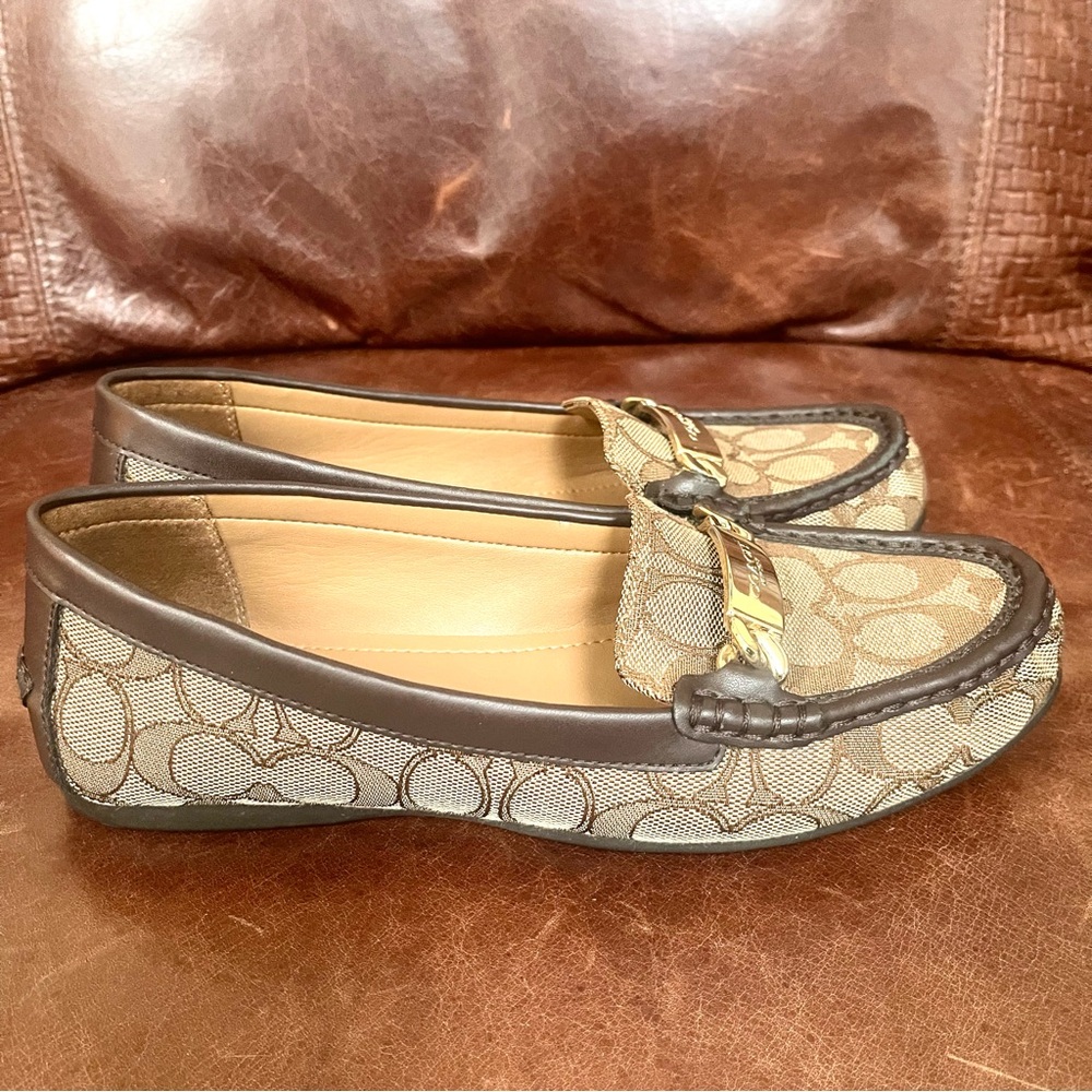 Coach Olive Classic Monogram Logo Print Canvas Leather Trimmed Loafers Size 8 - Picture 5 of 16